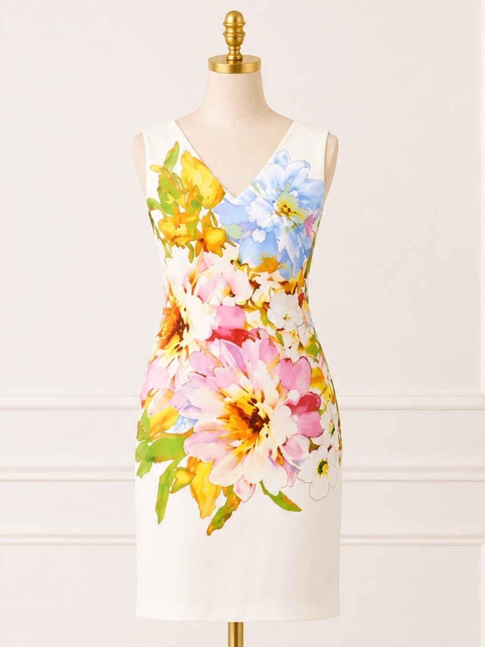 Donna Ricco Sheath Dress Ivory Multi Sleeveless V-Neck Knee Length Sz 10 NWT
